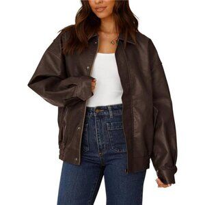 Women's Faux Leather Jacket Trendy Oversized Zip Up Winter Coat